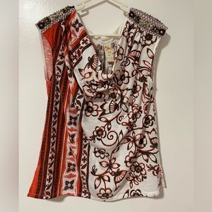 Rusty Orange Stripe and Floral Beaded Cowl Neck Top Sz M